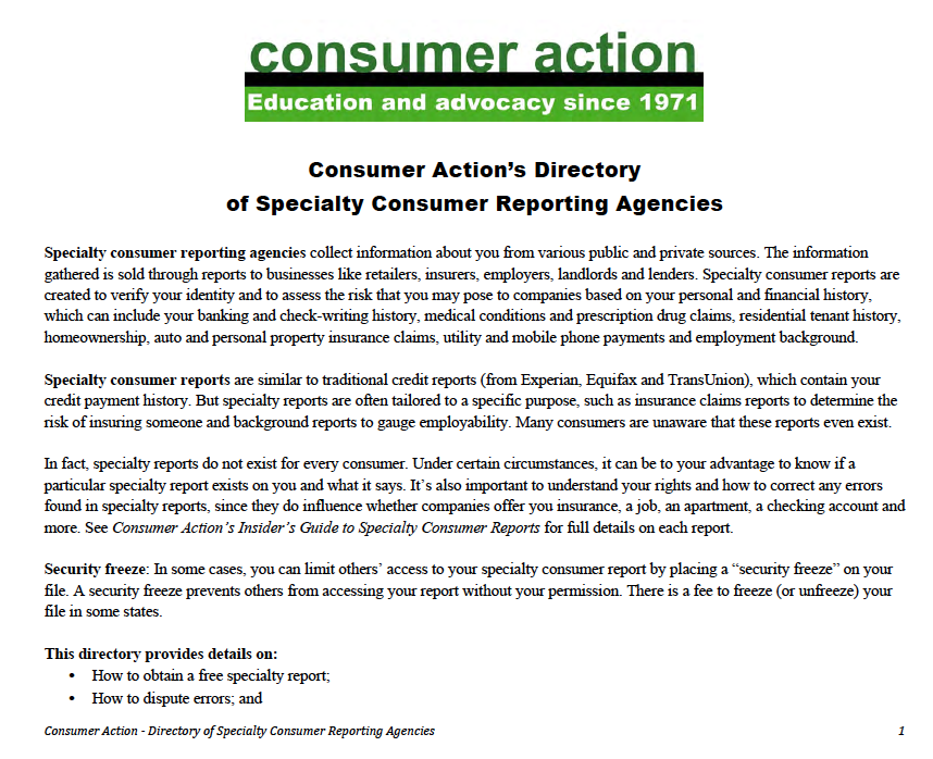 Consumer Action’s Directory of Specialty Consumer Reporting Agencies